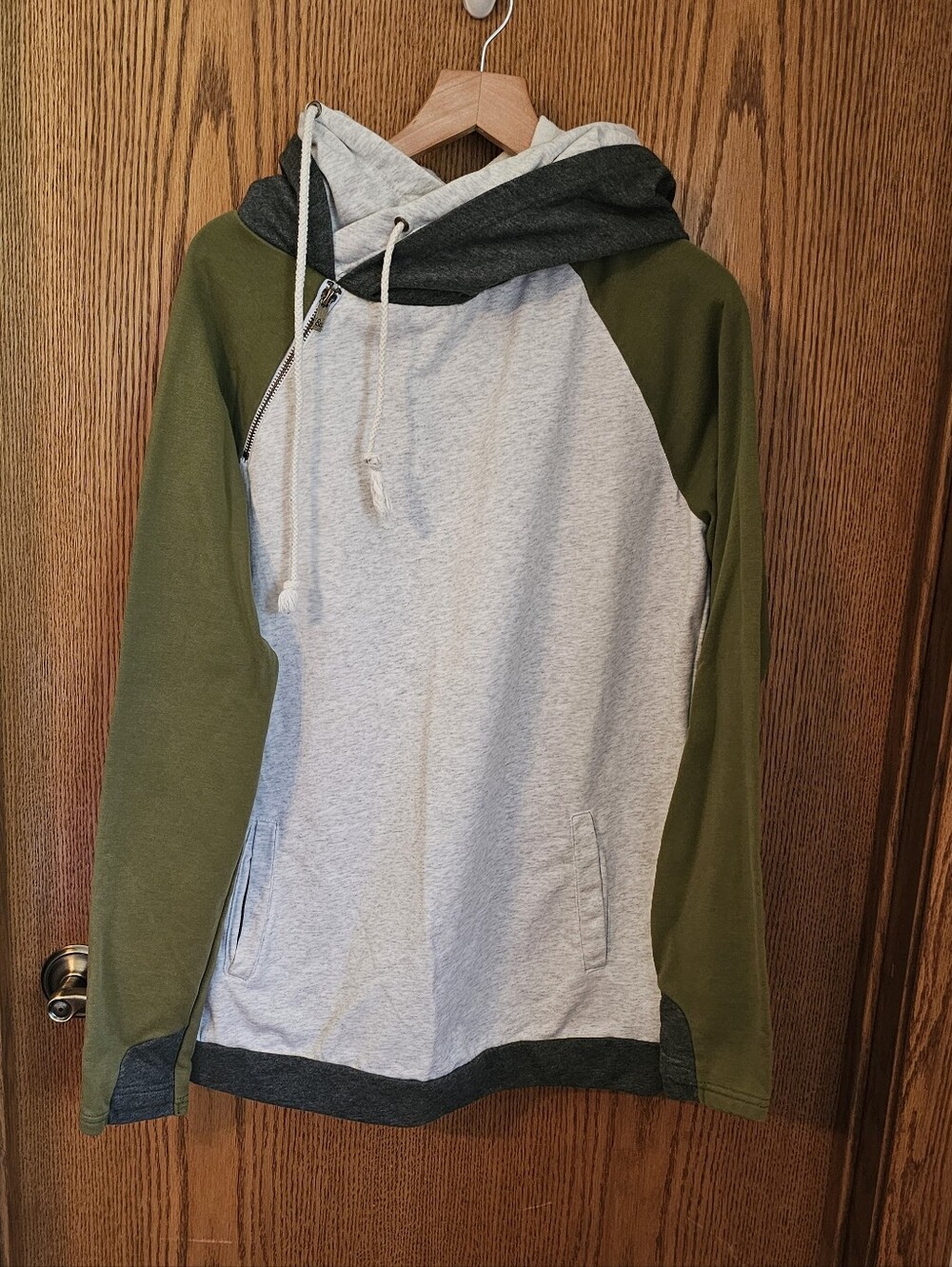 Ampersand Ave Light Gray and Olive Green Hooded Pullover